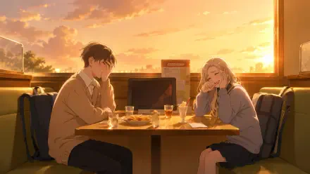 Shuuji Taira and Shino Azuma from Seihantai na Kimi to Boku share a sunset diner meal bathed in warm golden light — 5K Ultra HD PC desktop wallpaper.