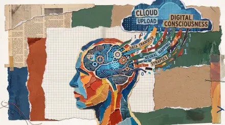 5K Ultra HD PC desktop wallpaper collage: colorful human head with exposed circuit-like brain, streams of data labeled 'Cloud Upload' and 'Digital Consciousness' — mind upload, technology.
