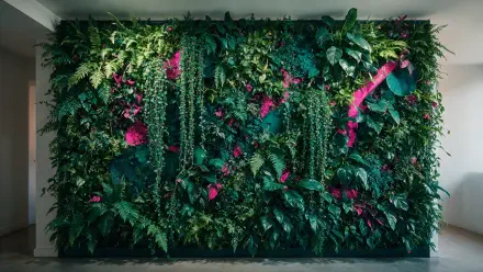 4K Ultra HD PC desktop wallpaper: lush living wall green wall vertical garden of cascading plants and pink blooms, vibrant indoor plant backdrop.