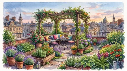 5K Ultra HD PC Desktop Wallpaper and Background: lush rooftop garden terrace with pergola, potted flowers, cozy table and chairs overlooking a city skyline at sunset.
