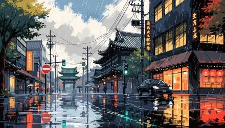 4K Ultra HD PC desktop wallpaper: rainy Kyoto street at dusk, wet reflections on pavement, traditional temple gate ahead, glowing shop windows and lanterns.