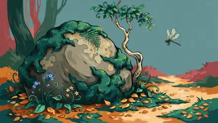4K Ultra HD PC desktop wallpaper: mossy stone rock beside a twisted tree, green moss, blue wildflowers and a dragonfly along a sunlit forest path.
