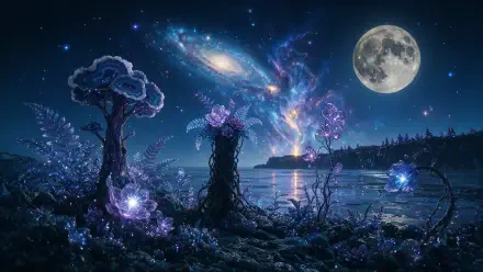 4K Ultra HD PC desktop wallpaper and background: moonlit night view of a lakeside landscape with a bright moon, swirling galaxy overhead and glowing, crystalline trees.