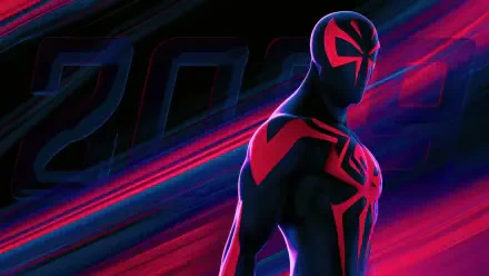 Spider-Man 2099 superhero digital art in bold neon blue and red, posed against sweeping streaks and 2099 typography — 4K Ultra HD PC desktop wallpaper/background.