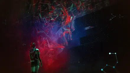 4K ETRE video game wallpaper: silhouetted figure in futuristic suit studies neon red-blue crystalline void over a starfield, abstract geometric shards and floating node connections.