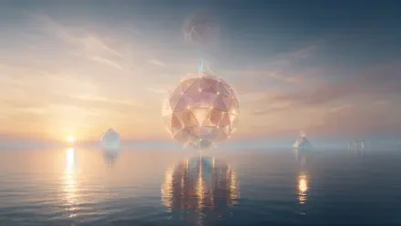 4K Ultra HD PC desktop wallpaper: a faceted orb/sphere hovering above calm water at sunrise, its mirrored reflection stretching across the surface.