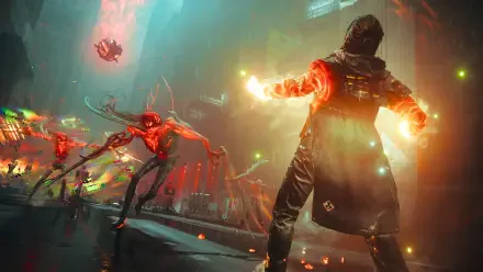 Video game HD PC desktop wallpaper: Control Resonant scene — an agent hurls glowing energy at twisting alien monsters amid neon-lit, rain-soaked city ruins.