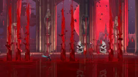 Video game HD PC desktop wallpaper of Castlevania: Belmont's Curse - Belmont in a blood-red castle hall with gothic pillars, statues, bats and a reflective floor