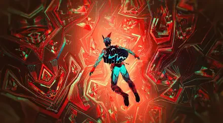2K Quad HD PC desktop wallpaper from ETRE (video game): a cyborg in a neon suit drifting through a fractured red crystalline void, surrounded by jagged geometric shards.