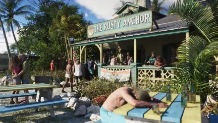 Grand Theft Auto VI video game 4K Ultra HD PC wallpaper showing a sunlit bar-restaurant The Rusty Anchor with patrons and a man slumped over a picnic table.