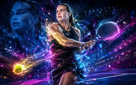 4K Ultra HD PC desktop wallpaper/background: dynamic sports tennis scene of a female pro mid-swing, glowing neon energy trails and cosmic motion effects.