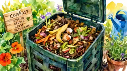 4K Ultra HD PC desktop wallpaper: garden compost bin brimming with fruit peels, eggshells and leaves, a sign promoting composting — composting, compost, compost bin, garden