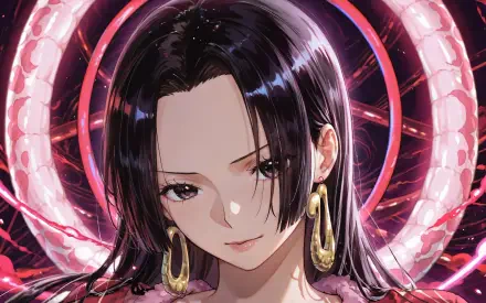Boa Hancock from One Piece, manga/anime close-up with glossy black hair, gold hoop earrings and pink serpentine halo — 4K Ultra HD PC desktop wallpaper/background.