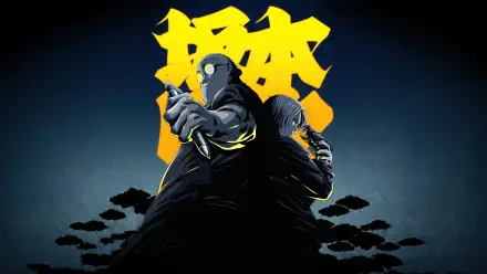 Sakamoto Days 4K Ultra HD PC desktop wallpaper and background: low-angle Sakamoto in a black coat clutching knives, glowing yellow kanji sigil behind him and dark smoky clouds.