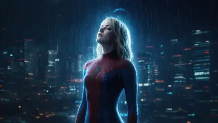 Spider-Girl in a red-and-blue Spider-Man suit, standing in rain before a neon-lit city skyline, digital art superhero portrait — 4K Ultra HD PC desktop wallpaper/background.