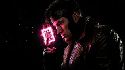 Close-up of Gambit (Marvel Comics) igniting a glowing pink playing card against a dark backdrop — Avengers: Doomsday, Avengers 4K Ultra HD PC desktop wallpaper.