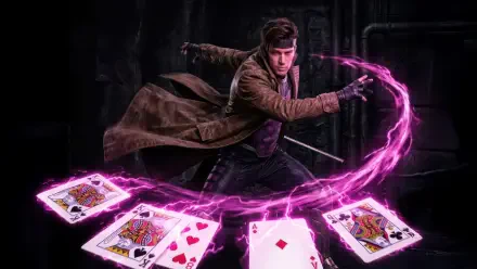 Gambit (Marvel Comics) hurls glowing magenta-charged playing cards in a dark industrial scene — Avengers: Doomsday, Avengers 4K Ultra HD PC desktop wallpaper/background.