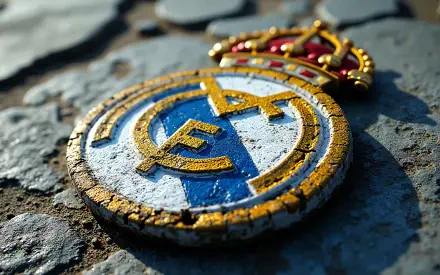 Close-up of a weathered Real Madrid C.F. crest on textured stone, vivid 4K Ultra HD soccer club emblem PC desktop wallpaper, sports background.
