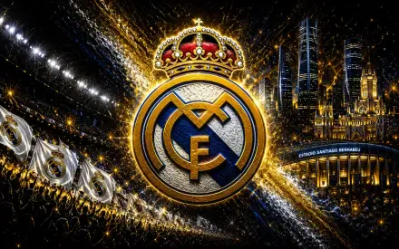 Real Madrid C.F. crest with crown amid gold-black streaks, Santiago Bernabéu skyline and trophy motifs — 4K Ultra HD soccer sports PC desktop background.