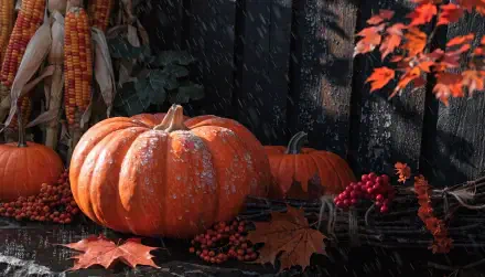 Fall aesthetic 2K Quad HD PC desktop wallpaper: a large pumpkin with smaller pumpkins, corn, red berries and autumn leaves against a dark wooden fence.