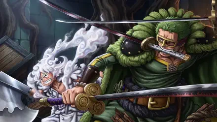2K Quad HD One Piece anime desktop wallpaper featuring Monkey D. Luffy and a swordsman locked in a dramatic duel amid swirling smoke.