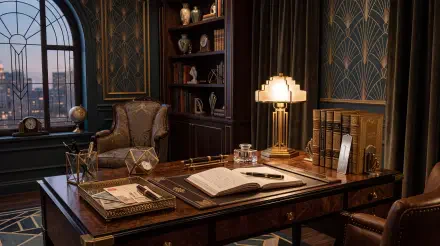 5K Ultra HD PC desktop wallpaper: cozy study aesthetic office with leather desk, glowing brass lamp, open book, organized bookshelf and arched window city view.