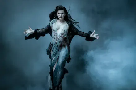 Actress from Hellboy (2019) descending through mist in a torn costume with arms outstretched — 5K Ultra HD PC desktop wallpaper/background.
