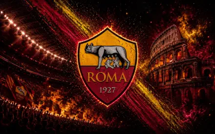 4K Ultra HD PC desktop wallpaper background: A.S. Roma crest over fiery stadium and Colosseum, vivid club colors and crowd flares — soccer sports-themed image.