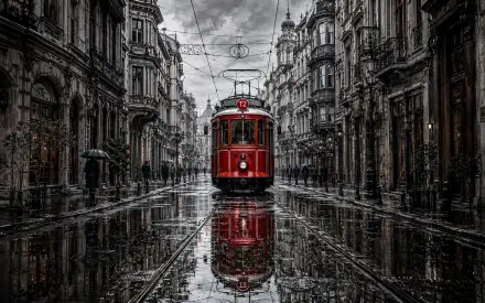 4K Ultra HD PC desktop wallpaper: vintage red tram on rain‑slicked tracks, reflected in puddles as it moves through a moody, historic city street.