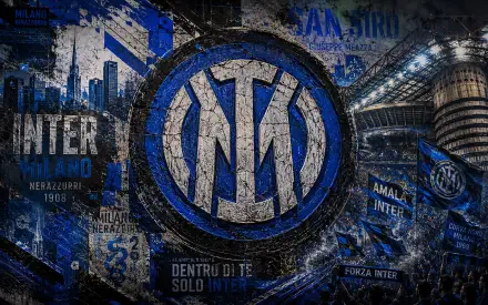 Blue-black Inter Milan crest centered over a grungy San Siro and city skyline, energetic soccer sports composition — 4K Ultra HD PC desktop wallpaper background.