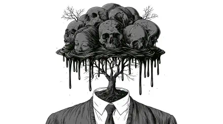 Dark surreal 2K Quad HD PC desktop wallpaper: a suited figure with a tree for a head, its bare branches bearing a dripping crown of skulls and faces in stark black-and-white art.