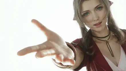 Final Fantasy VII Rebirth 4K Ultra HD PC wallpaper: close-up of Aerith Gainsborough reaching toward the viewer with a warm smile and soft backlighting