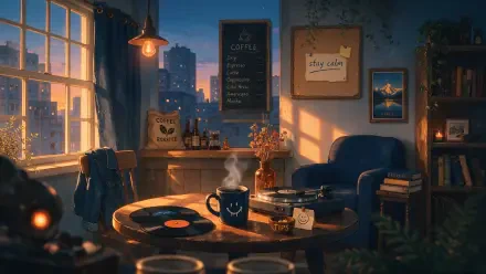 Cozy coffeehouse lofi cafe interior at dusk: steaming mug on a table with vinyl, warm lamp glow, bookshelf and city skyline — 4K Ultra HD PC desktop wallpaper/background.