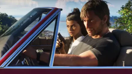 Grand Theft Auto VI 4K desktop wallpaper: Jason driving a red convertible with Lucia in the passenger seat aiming a pistol, coastal city skyline visible behind them.