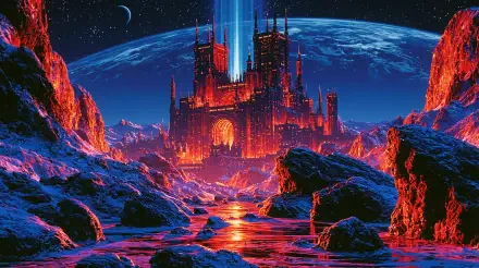 Sci-fi castle landscape with neon lava rivers and a blue planet horizon, dramatic 2K Quad HD PC desktop wallpaper and background.
