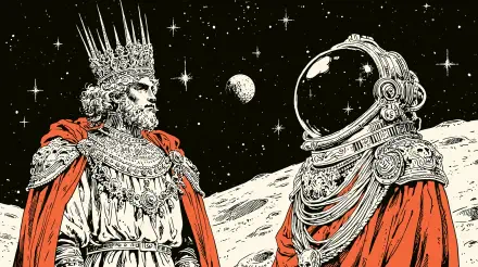 2K Quad HD PC desktop wallpaper and background: sci-fi tableau of a crowned king in ornate robes facing an armored astronaut on a moonlit, starry landscape.