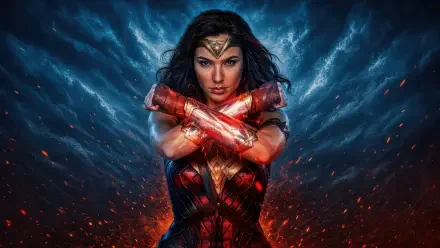 4K Ultra HD digital art PC desktop wallpaper and background of Wonder Woman: a superhero in red-and-gold armor crossing her arms amid stormy skies and glowing embers, fierce heroic pose.