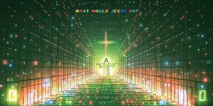 4K UHD Christian PC wallpaper: Jesus with outstretched arms before a glowing cross in a neon, grid-like corridor; text reads What Would Jesus Do?