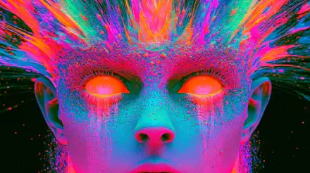 Neon psychedelic portrait of a glowing, paint-splattered face with blazing orange eyes and explosive multicolor hair — 2K Quad HD PC desktop wallpaper.