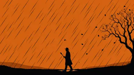 4K Ultra HD PC desktop wallpaper and background: a rainy fall silhouette of a lone figure walking beneath a bare tree as rain slants across an orange sky.