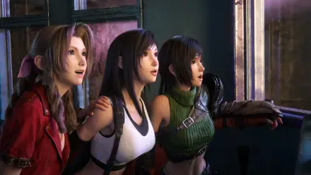 4K Ultra HD PC desktop wallpaper: Final Fantasy video game trio Aerith, Tifa and Yuffie gazing upward in a train car, detailed game-rendered characters and moody lighting.