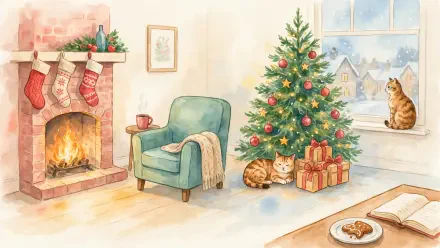 4K Ultra HD PC wallpaper — cozy Christmas living room with decorated tree, roaring fireplace with stockings, wrapped gifts, and three cats: curled by tree, on the windowsill, and asleep on the rug.