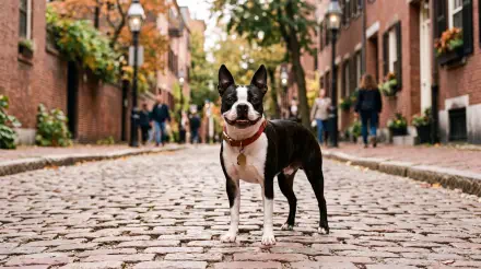 Boston Terrier dog on a cobblestone city street, vibrant 5K Ultra HD PC desktop wallpaper/background showcasing the pet in crisp detail.