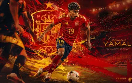 4K Ultra HD desktop wallpaper of a Spanish soccer player in a red Spain kit dribbling a ball amid dynamic red-gold stadium visuals and the national crest.