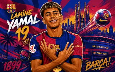 4K Ultra HD PC desktop wallpaper of an FC Barcelona soccer player in club kit celebrating, vibrant red-blue background with Camp Nou skyline and club crest — dynamic sports image.