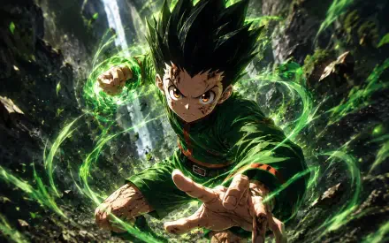 Gon Freecss (Hunter x Hunter) lunges forward, surrounded by a glowing green aura in a rocky canyon, dynamic 4K Ultra HD PC desktop wallpaper.