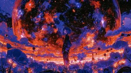 2K Quad HD PC desktop wallpaper: anime silhouette stands among glowing flowers beneath a massive planet and vivid red-blue nebula sky.