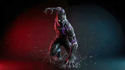 Black Panther (Marvel Comics) digital art: crouching hero rising from splashing water, purple suit accents against red-blue gradient — 5K Ultra HD PC desktop wallpaper/background.