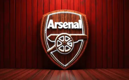 Arsenal F.C. logo shield with cannon in neon wood against red paneling and floor — soccer Sports 4K Ultra HD PC desktop wallpaper background.