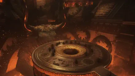 Resonance: A Plague Tale Legacy 2K Quad HD PC wallpaper — ominous molten-lit arena with a giant circular mechanical platform, spinning gears and a looming horned statue.